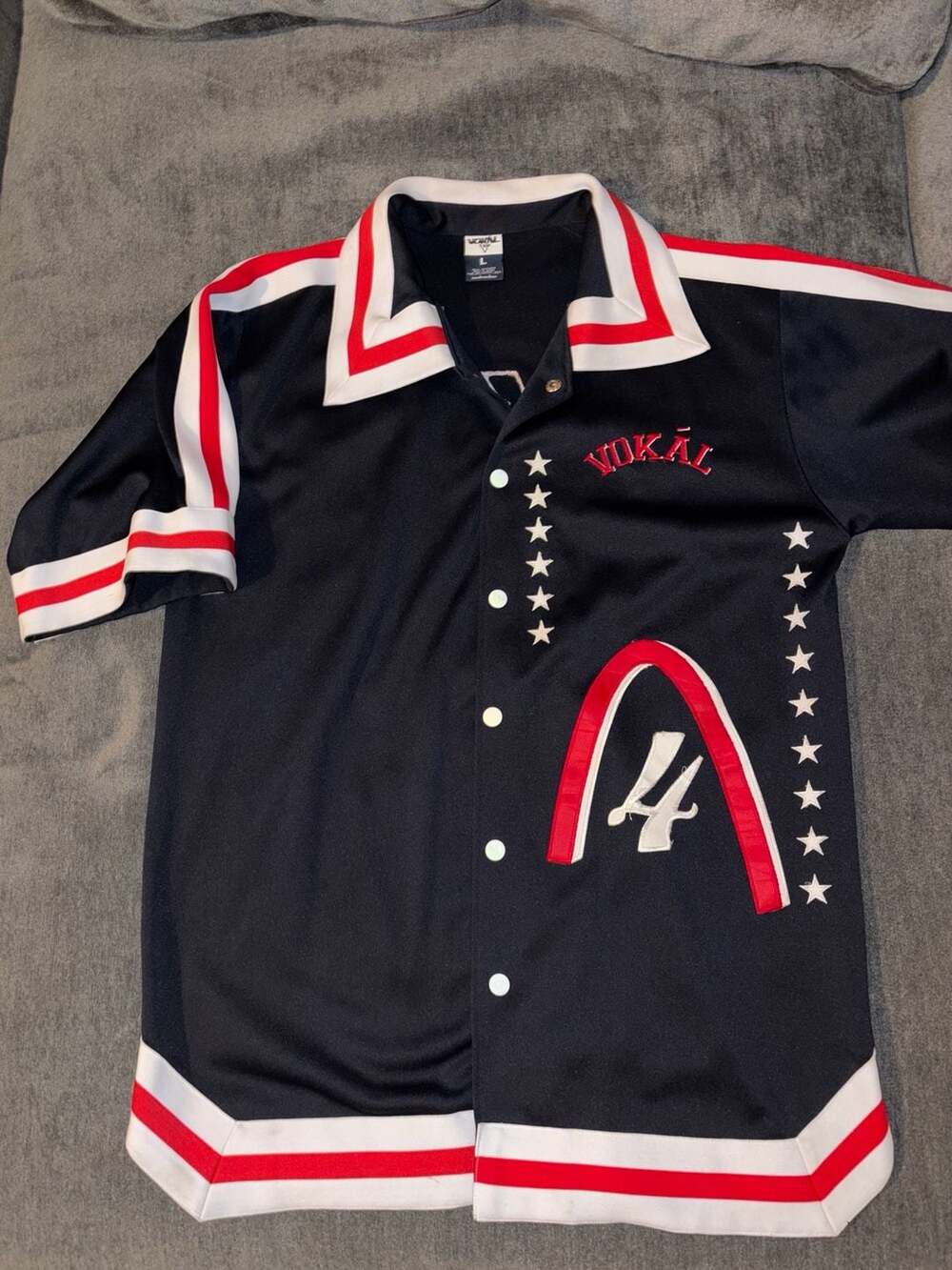 Vokal Button Up Jersey Size L Black Star Patch Short Sleeve